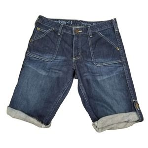 Women's Carhartt Jean Denim Shorts Size 8 Dark Washed Blue Cuffed Button Hem